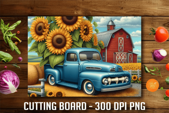 Blue Truck Sunflower Farm Cutting Board: A Charming Sublimation Design
