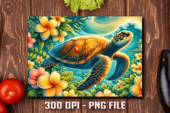 Plumeria Wave Turtle Cutting Board PNG: Coastal Kitchen Design