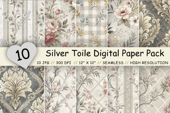 Silver Toile Digital Paper Pack: Vintage Floral Elegance for Your Projects