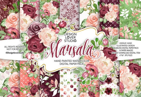 Watercolor MARSALA Digital Paper Pack: Hand-Painted Florals